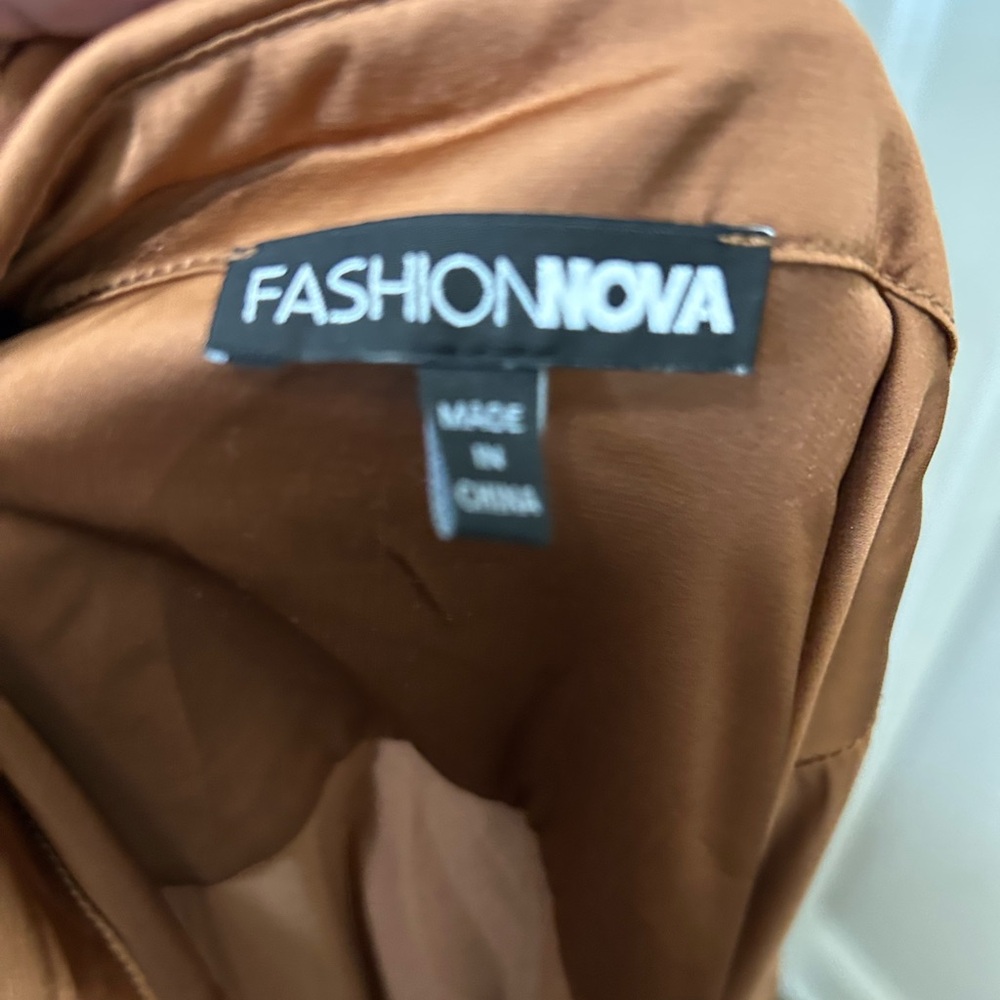 Fashion Nova Copper Wrap Long Sleeve Button Down Satin Dress - Picture 7 of 8
